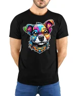 Colorful Pup T-shirt with Cute Dog Graphic - model with hands behind back, wearing Black T-shirt and blue jeans