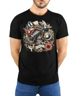 Vintage Camera Graphic Tee - model with hands behind back, wearing Black T-shirt and blue jeans