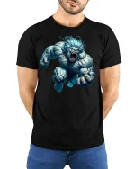 Savage Beast T-shirt - model with hands behind back, wearing Black T-shirt and blue jeans