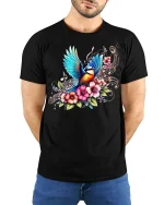 Colorful Songbird and Floral Music Tee - model with hands behind back, wearing Black T-shirt and blue jeans