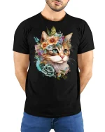 Floral Crown Cat Art Printed T-shirt - model with hands behind back, wearing Black T-shirt and blue jeans