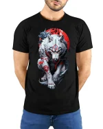 Samurai Wolf Spirit Warrior T-shirt - model with hands behind back, wearing Black T-shirt and blue jeans