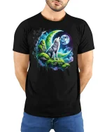 Mystical Wolf Howling at Moon T-shirt - model with hands behind back, wearing Black T-shirt and blue jeans