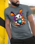 Rebel Bunny Graphic Tee - model leaning on yellow-black pole, wearing Gray T-shirt, hand in pocket
