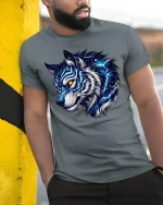 Electric Blue Wolf Spirit T-shirt - model leaning on yellow-black pole, wearing Gray T-shirt, hand in pocket