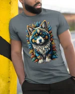 Vibrant Husky Pup Graphic T-shirt - model leaning on yellow-black pole, wearing Gray T-shirt, hand in pocket