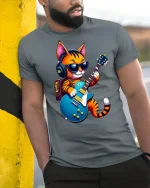 Cool Rock Cat Guitar Tee - model leaning on yellow-black pole, wearing Gray T-shirt, hand in pocket