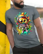 Color Splash Astronaut Tee - model leaning on yellow-black pole, wearing Gray T-shirt, hand in pocket