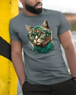 Hipster Cat T-shirt with Glasses - model leaning on yellow-black pole, wearing Gray T-shirt, hand in pocket