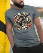 Vintage Camera Graphic Tee - model leaning on yellow-black pole, wearing Gray T-shirt, hand in pocket