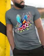 Colorful Songbird and Floral Music Tee - model leaning on yellow-black pole, wearing Gray T-shirt, hand in pocket