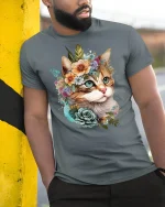 Floral Crown Cat Art Printed T-shirt - model leaning on yellow-black pole, wearing Gray T-shirt, hand in pocket