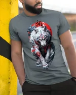 Samurai Wolf Spirit Warrior T-shirt - model leaning on yellow-black pole, wearing Gray T-shirt, hand in pocket