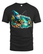 Magical Fishing Gnome Fantasy T-shirt - black t-shirt on white background