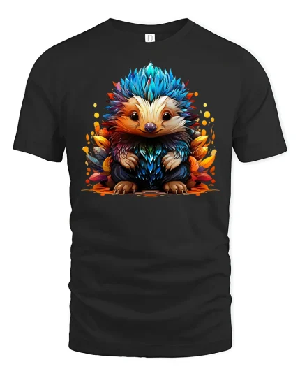 Colorful Hedgehog Fantasy Art T-shirt - black t-shirt on white background