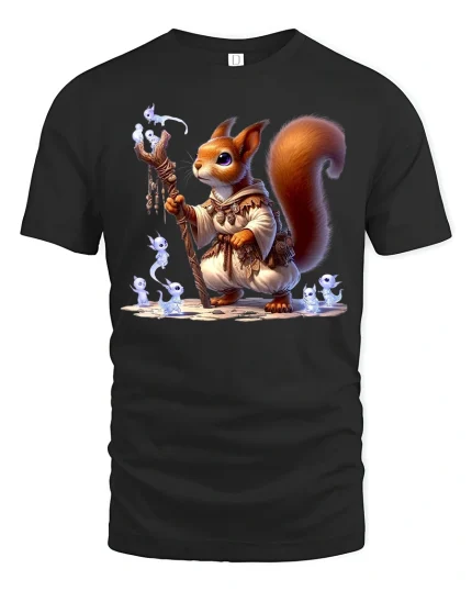 Mystic Squirrel Wizard Fantasy Tee - black t-shirt on white background