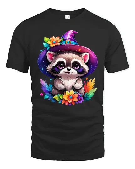Cute Raccoon Wizard Witch Hat Tee - black t-shirt on white background