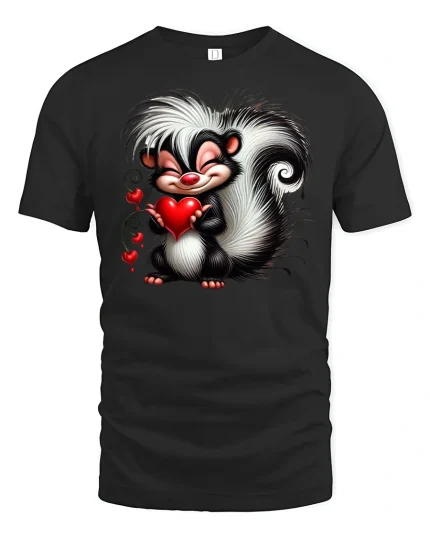 Cute Skunk Holding Heart T-shirt - black t-shirt on white background