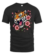 Roaring Tiger With Cherry Blossom T-shirt - black t-shirt on white background