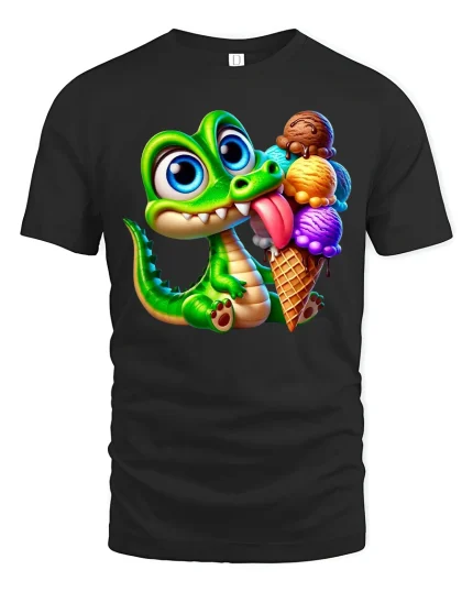 Funny Crocodile T-shirt with Giant Ice Cream - black t-shirt on white background