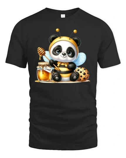 Cute Panda Bee With Honey Jar T-shirt - black t-shirt on white background
