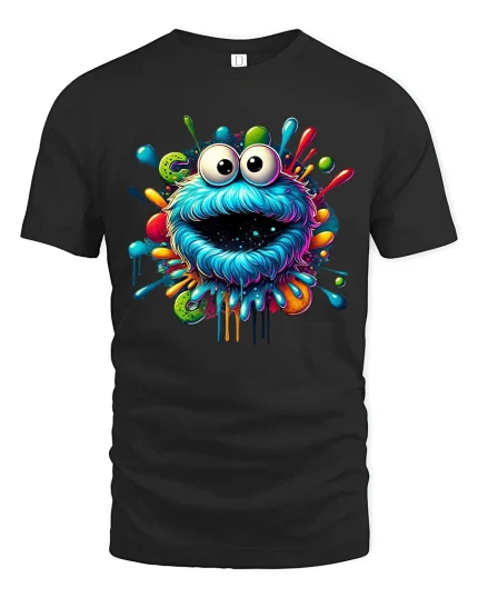Trippy Color Splash Monster Face T-shirt - black t-shirt on white background