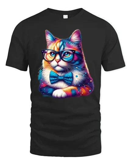 Smart Cat Glasses Bow Tie T-shirt - black t-shirt on white background