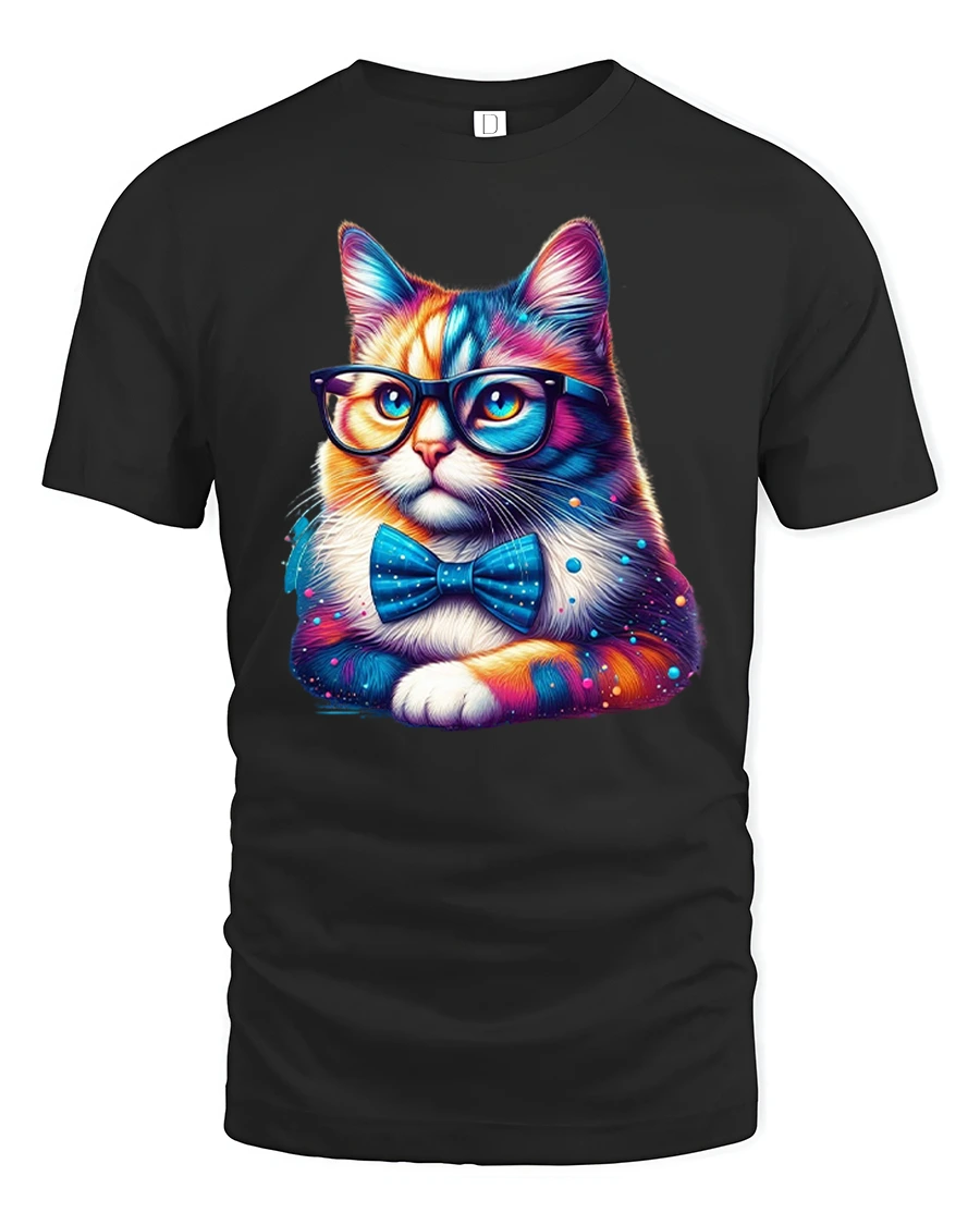 Smart Cat Glasses Bow Tie T-shirt - 1 Smart Cat Glasses Bow Tie T-shirt - black t-shirt on white background