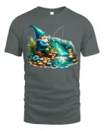 Magical Fishing Gnome Fantasy T-shirt - gray t-shirt on white background