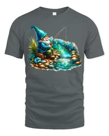 Magical Fishing Gnome Fantasy T-shirt - gray t-shirt on white background