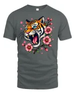 Roaring Tiger With Cherry Blossom T-shirt - gray t-shirt on white background