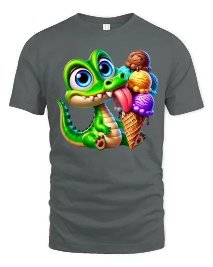 Funny Crocodile T-shirt with Giant Ice Cream - gray t-shirt on white background
