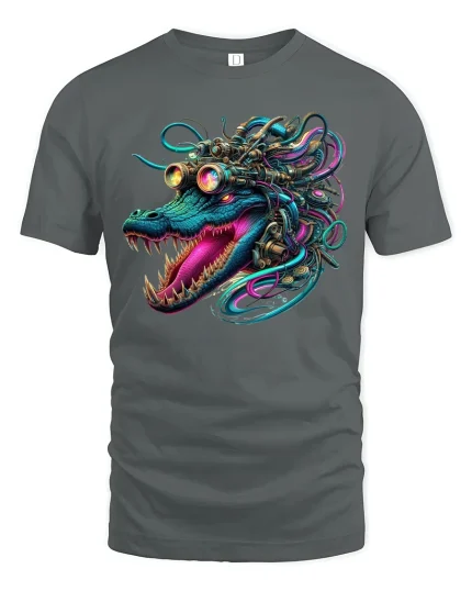 Cyberpunk Alligator Head T-shirt - gray t-shirt on white background
