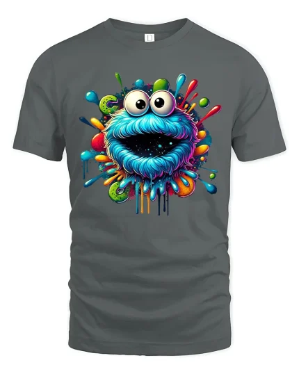 Trippy Color Splash Monster Face T-shirt - gray t-shirt on white background