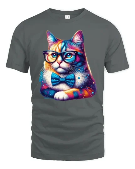 Smart Cat Glasses Bow Tie T-shirt - gray t-shirt on white background