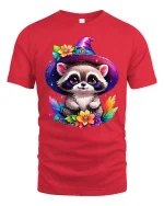 Cute Raccoon Wizard Witch Hat Tee - red t-shirt on white background