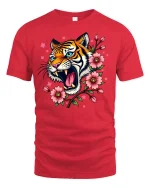 Roaring Tiger With Cherry Blossom T-shirt - red t-shirt on white background