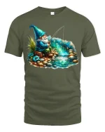 Magical Fishing Gnome Fantasy T-shirt - military green t-shirt on white background