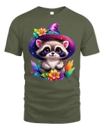 Cute Raccoon Wizard Witch Hat Tee - military green t-shirt on white background