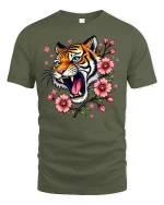 Roaring Tiger With Cherry Blossom T-shirt - military green t-shirt on white background