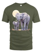 Elephant and Baby Moonlight T-shirt - military green t-shirt on white background