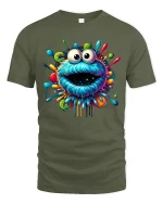 Trippy Color Splash Monster Face T-shirt - military green t-shirt on white background