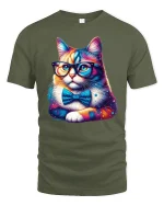 Smart Cat Glasses Bow Tie T-shirt - military green t-shirt on white background