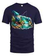 Magical Fishing Gnome Fantasy T-shirt - navy t-shirt on white background