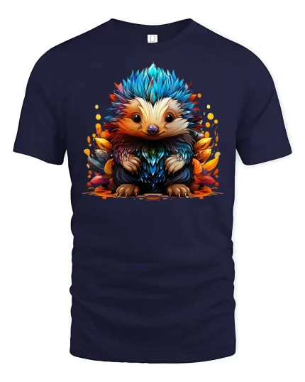 Colorful Hedgehog Fantasy Art T-shirt - navy t-shirt on white background