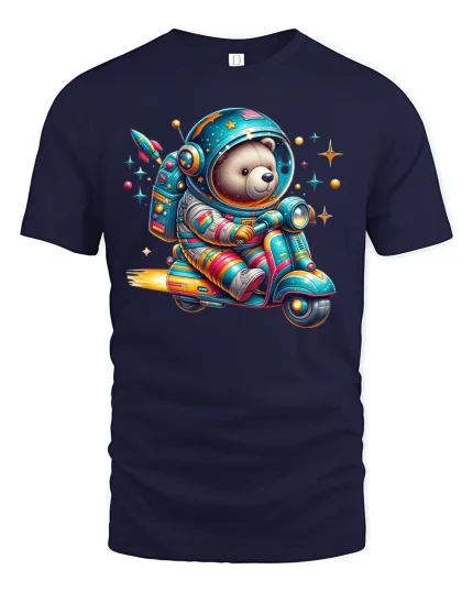 Space Bear Scooter Rider Tee - navy t-shirt on white background