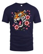 Roaring Tiger With Cherry Blossom T-shirt - navy t-shirt on white background