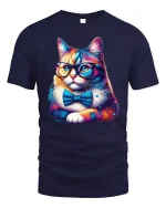 Smart Cat Glasses Bow Tie T-shirt - navy t-shirt on white background