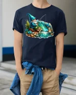 Magical Fishing Gnome Fantasy T-shirt - model wearing Navy T-shirt, hands in pockets, denim shirt at waist