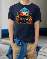 Colorful Hedgehog Fantasy Art T-shirt - model wearing Navy T-shirt, hands in pockets, denim shirt at waist